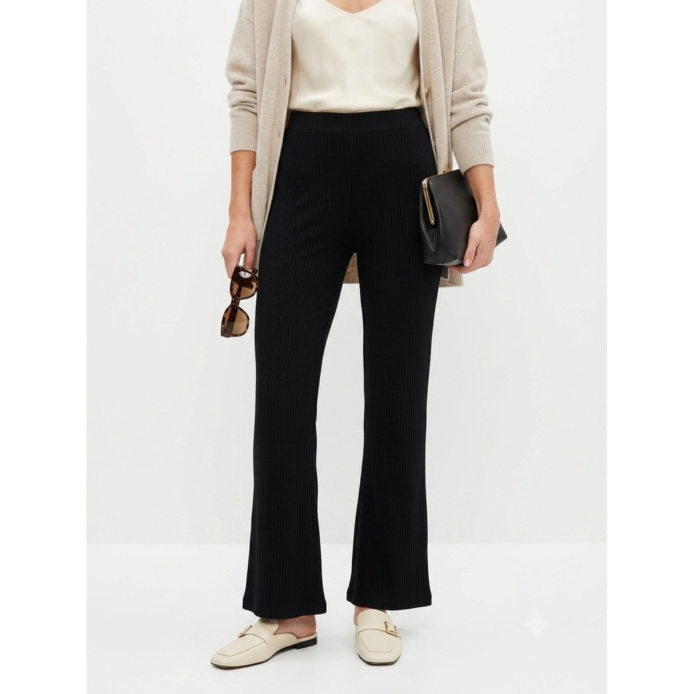 House of Harlow 1960 Ribbed Knit Flare Pants High Rise Elastic Waist Black Small